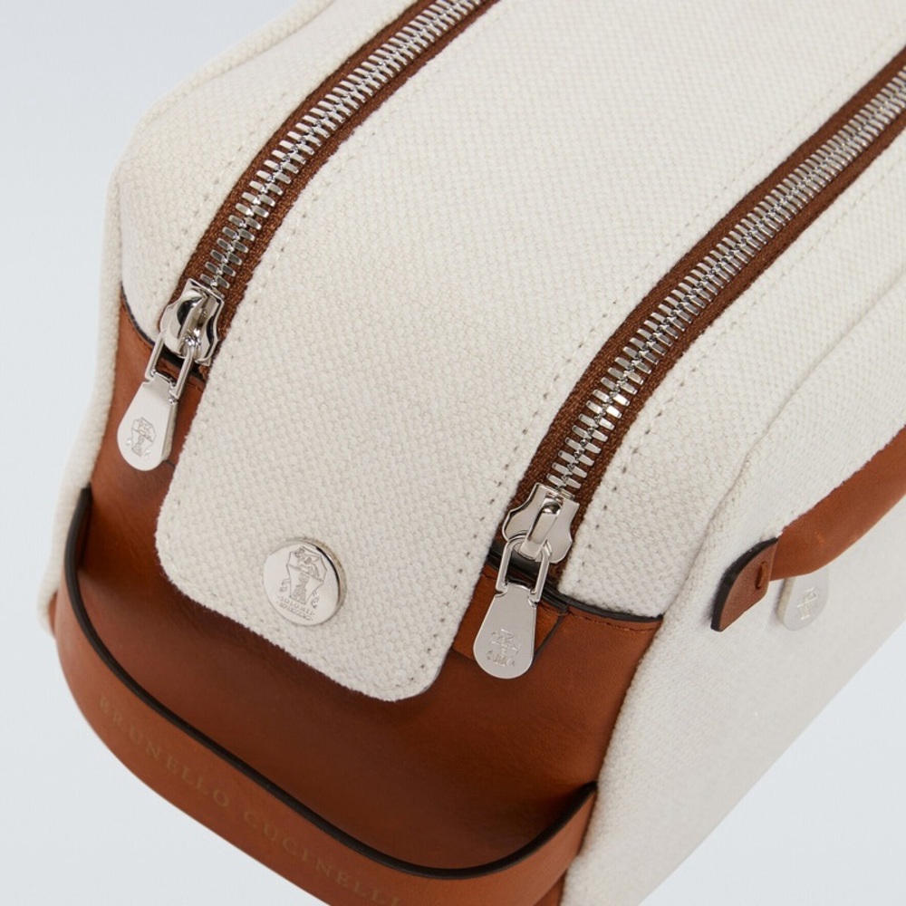 Brunello Cucinelli Cream and Brown Toiletry Bag - Leather and Canvas